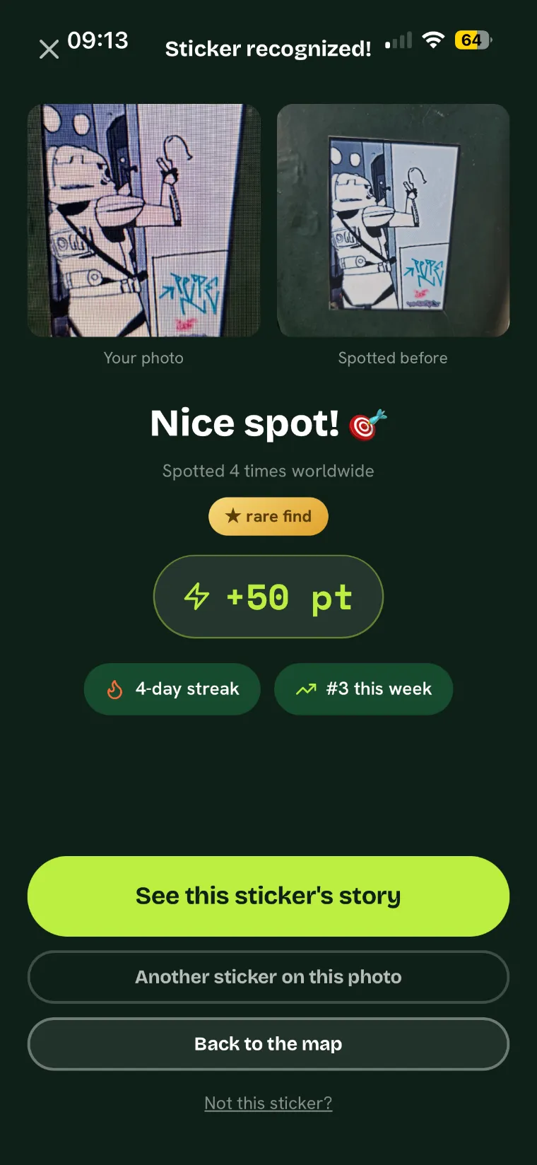 Sticker recognized, 50 points awarded